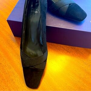 Stuart Weitzman Black Leather Square Toe Suede Kitten Heels 6.